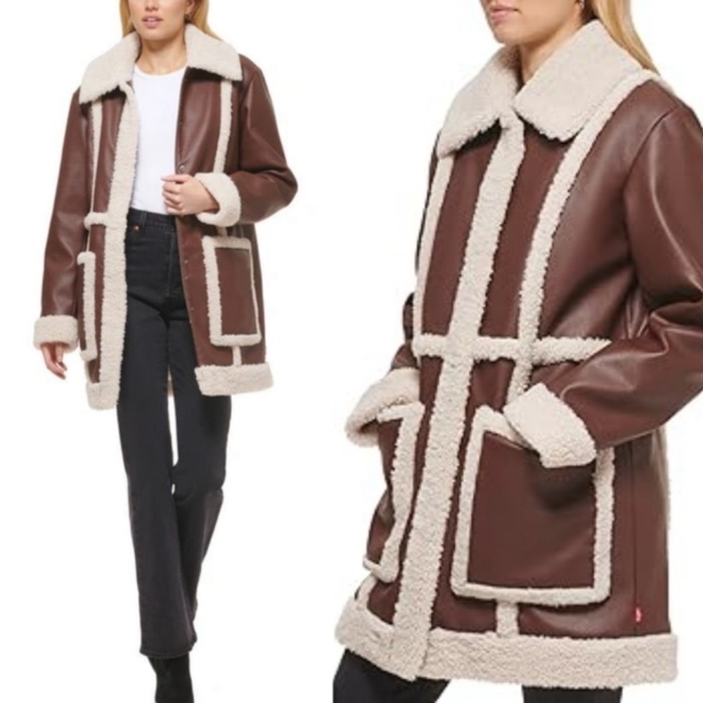 Levi's NWT Vegan Leather Sherpa Spill Out Coat SZ S Boho 70’s Retro Penny Lane